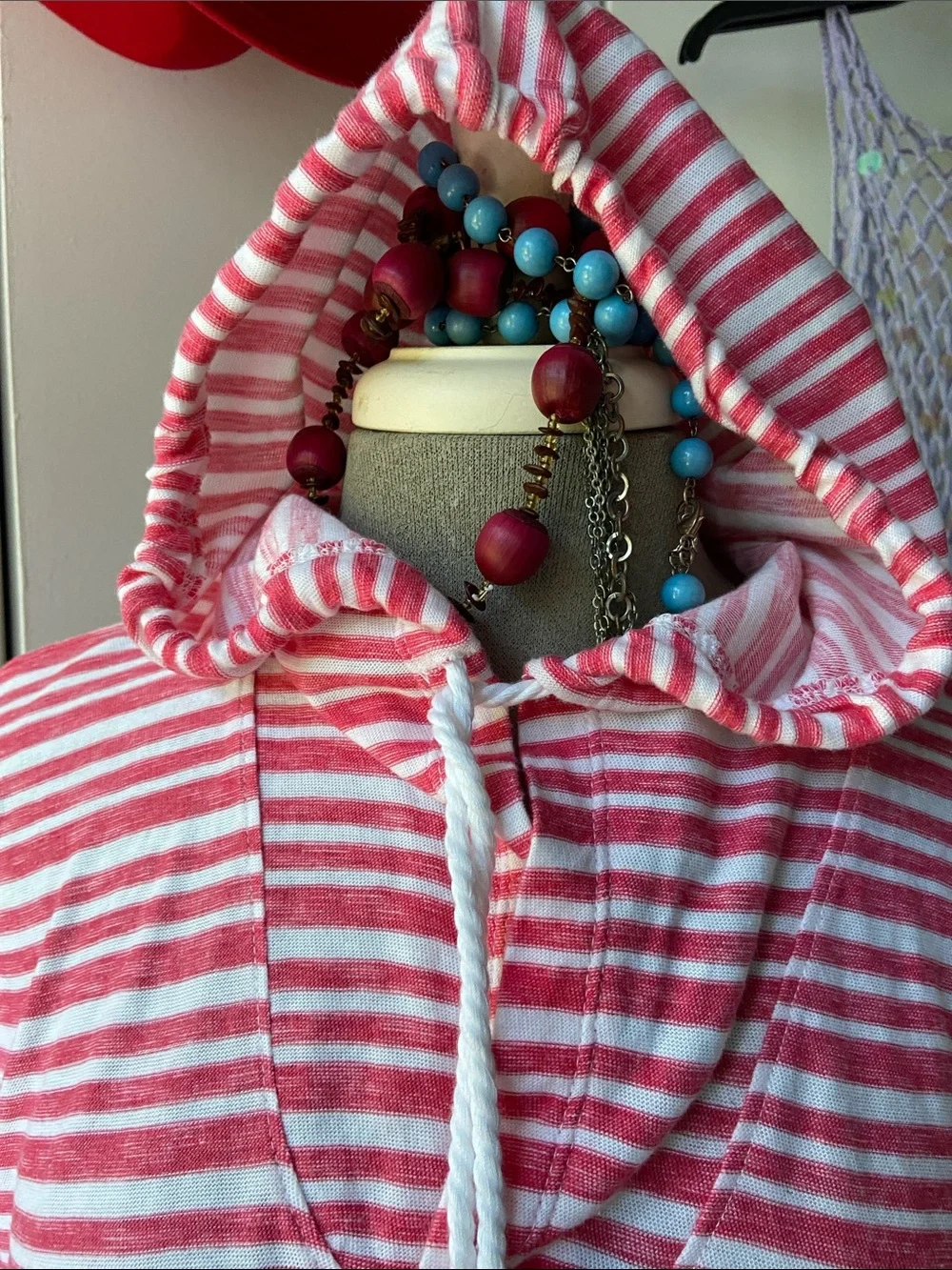 Hooded Pink & White Striped Beach Poncho